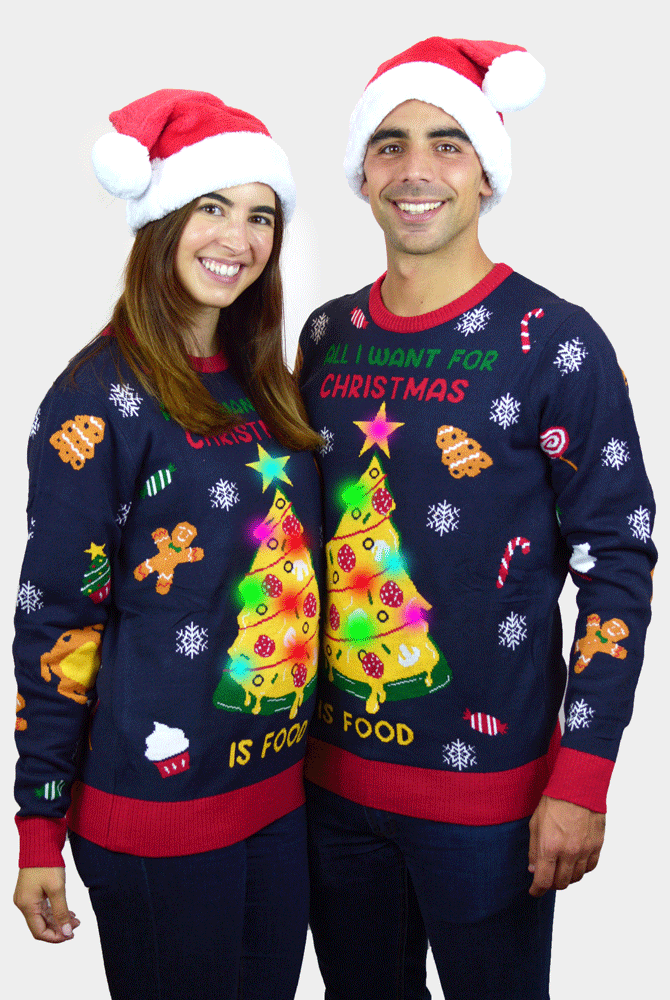 Maglione Natalizio di Coppia con Luci LED Cibo Natalizio