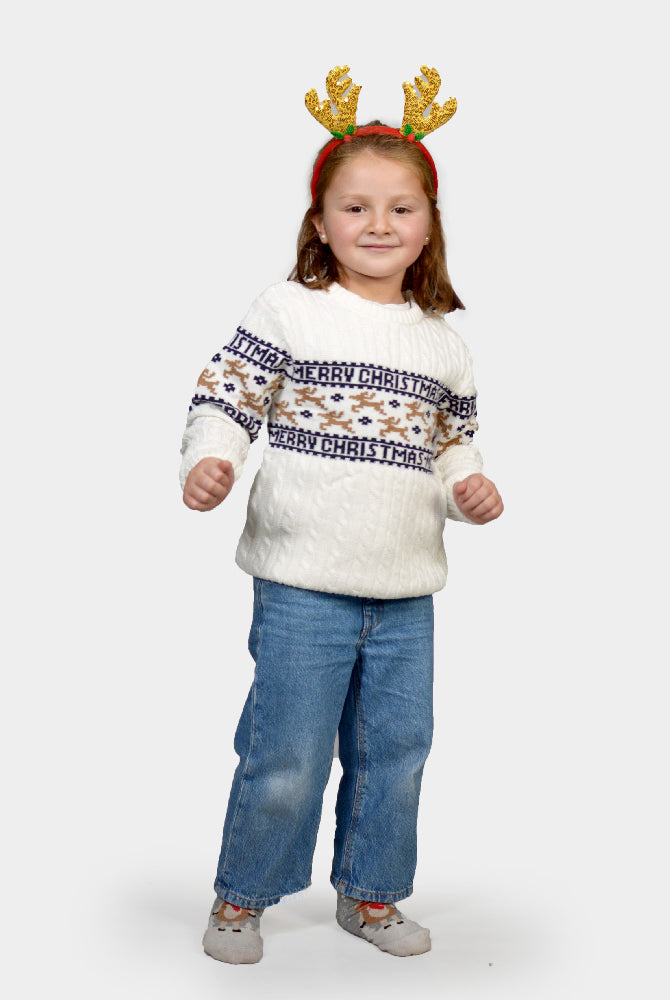 Maglione Natalizio per la Famiglia Bambini in Cotone Biologico Elegante Bianco con Renne