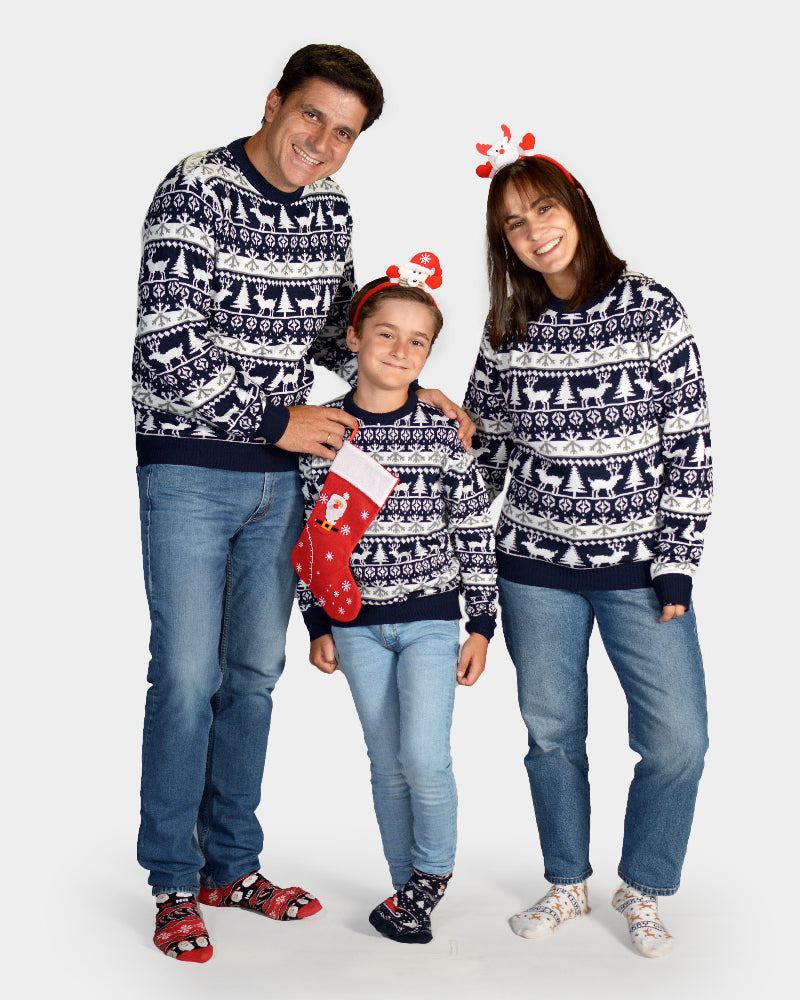 Maglione Natalizio per la Famiglia Blu Alberi di Natale e Renne