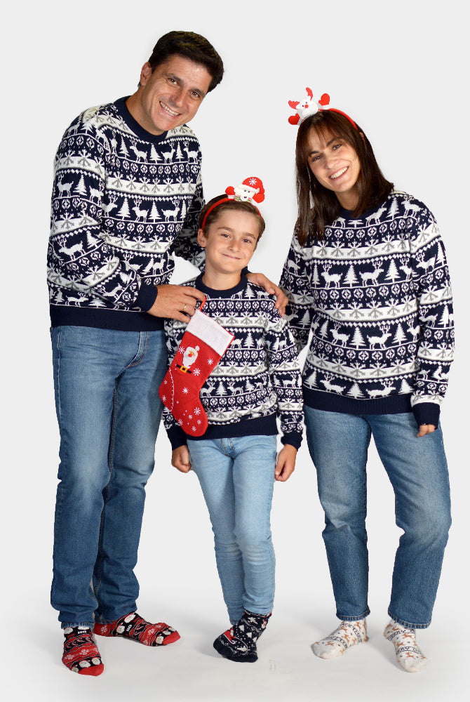Maglione Natalizio per la Famiglia Blu Alberi di Natale e Renne