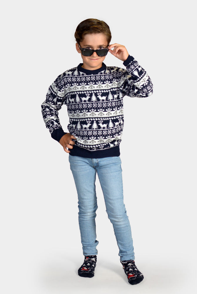 Maglione Natalizio Bambini Blu Alberi di Natale e Renne