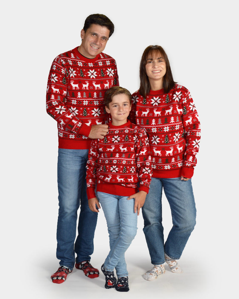 Maglione Natalizio per la Famiglia Rosso Renne, Alberi e Stelle Polari