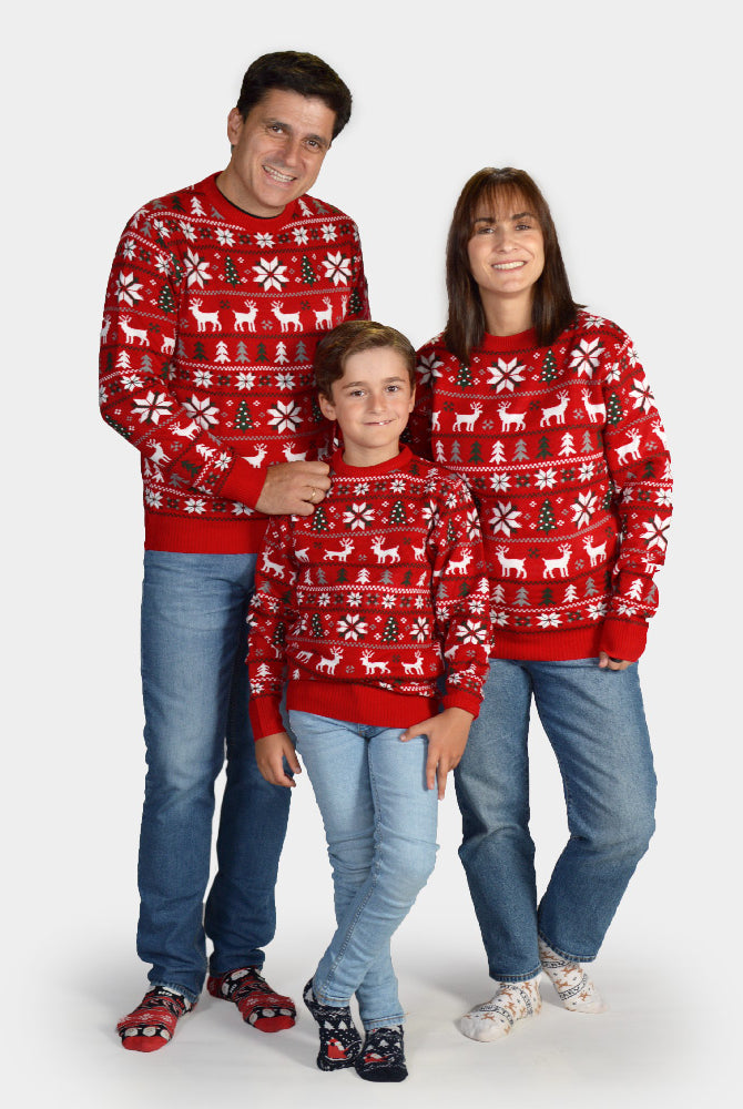 Maglione Natalizio per la Famiglia Rosso Renne, Alberi e Stelle Polari