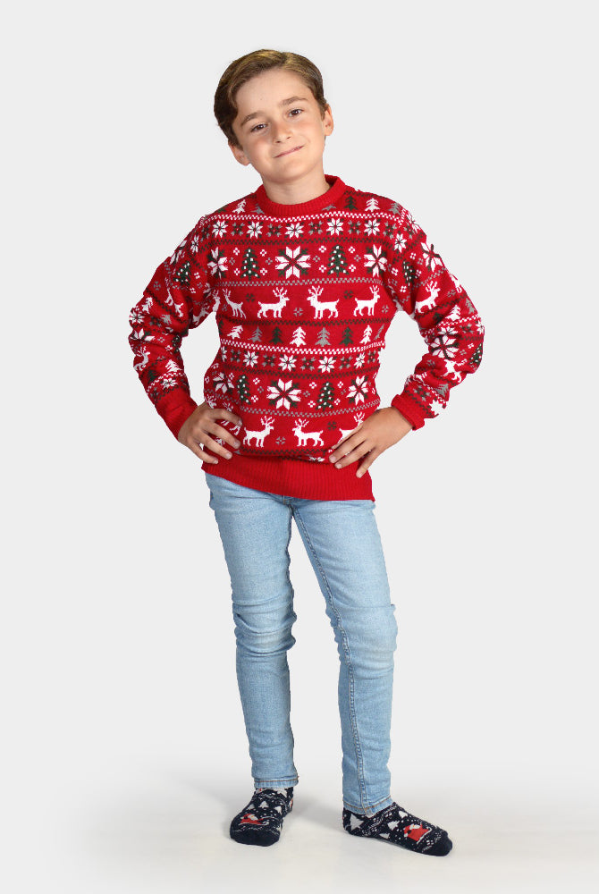 Maglione Natalizio per Bambini Rosso Renne, Alberi e Stelle Polari