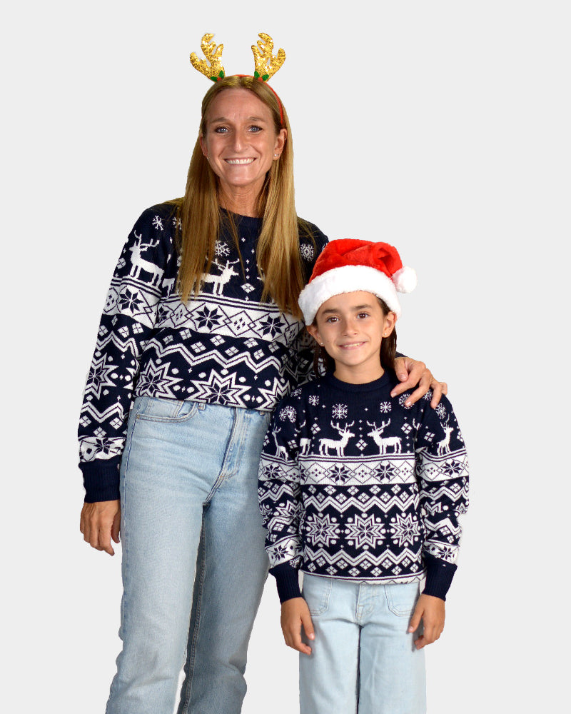Maglione Natalizio per la Famiglia con Renne e Stelle Blu Nordic