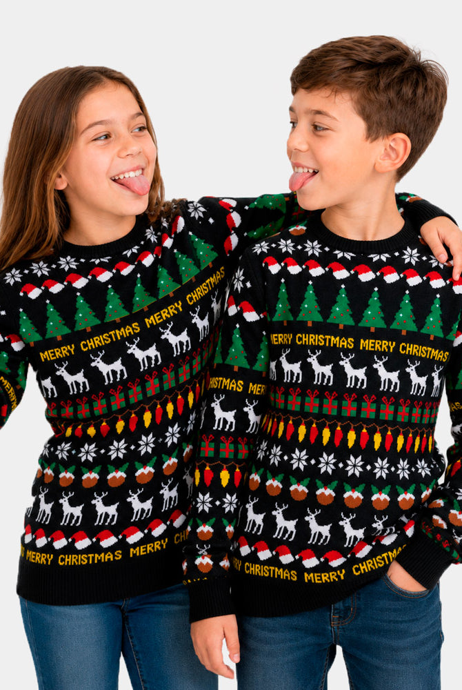 Maglione Natalizio per Bambini Nero con Alberi, Renne e Regali