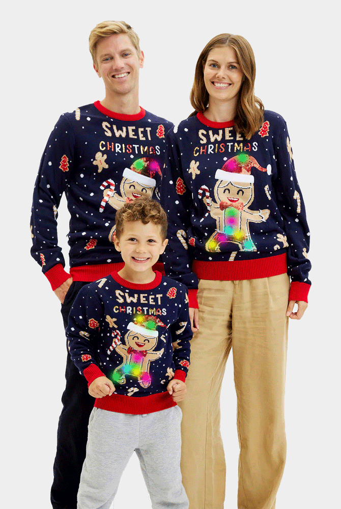 Maglione Natalizio Famiglia Luci LED Uomo Blu Ginger Cookie