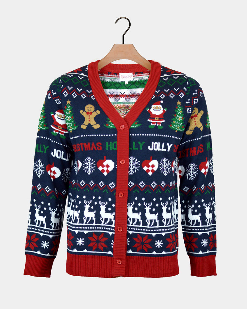 Cardigan Natalizio da Donna Blu e Rosso Renne e Babbo Natale
