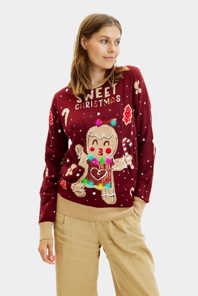 Maglione Natalizio Coppia Donna Luci LED Rosso Ginger Cookie