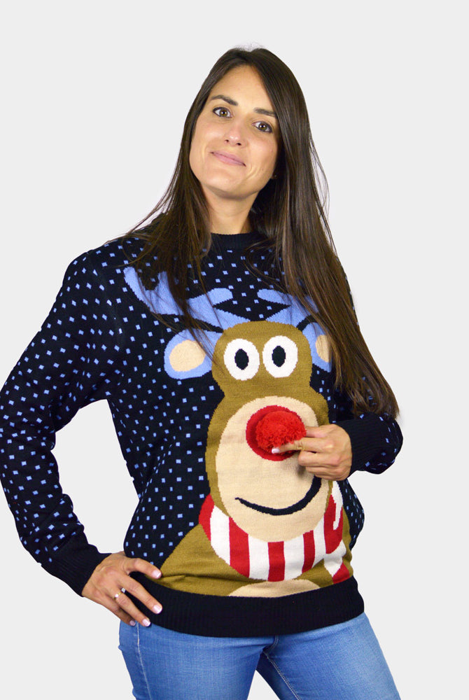 Maglione Natalizio Uomo Donna Blu Renna Rudolph Naso Rosso 3D