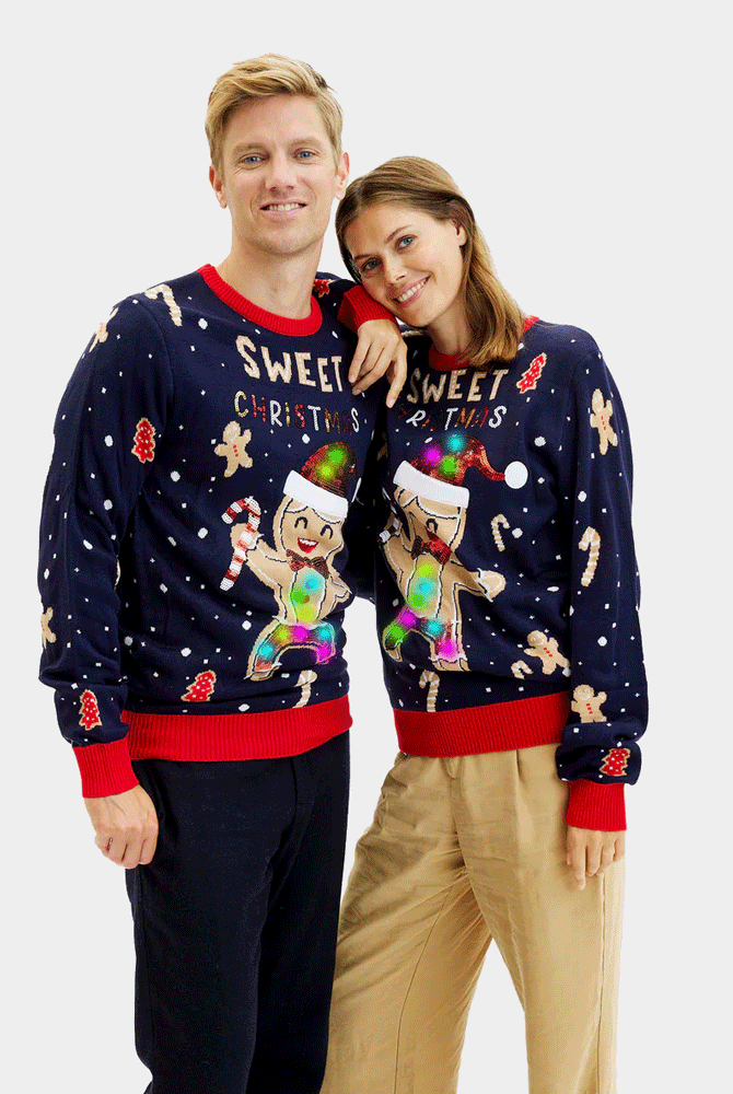 Maglione Natalizio Uomo Donna Luci LED Uomo Blu Ginger Cookie