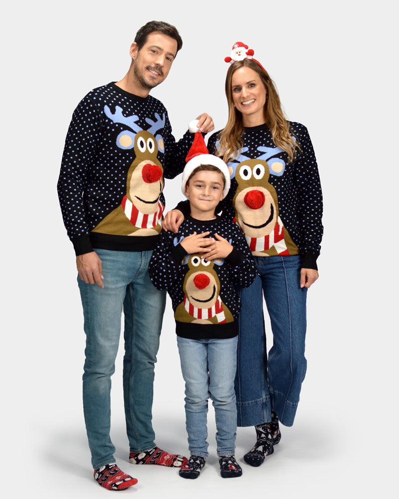 Maglione Natalizio Bambini Blu Renna Rudolph Naso Rosso 3D Coppia
