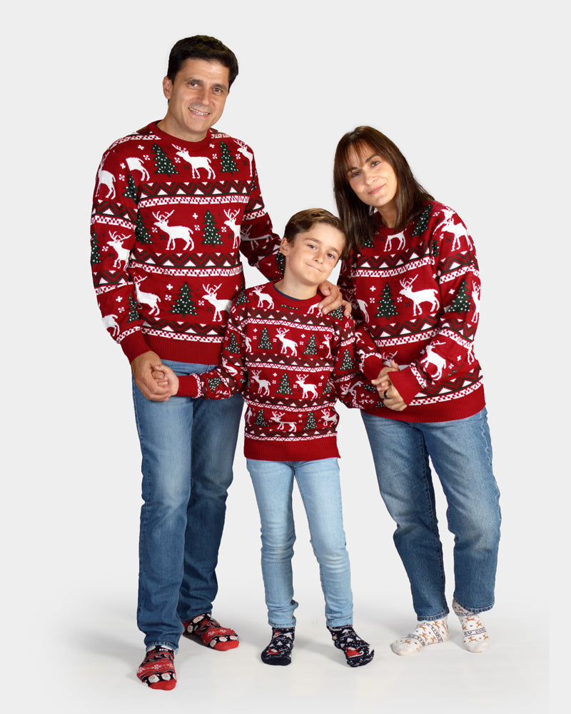 Maglione Natalizio Famiglia Rosso Alberi di Natale e Renne