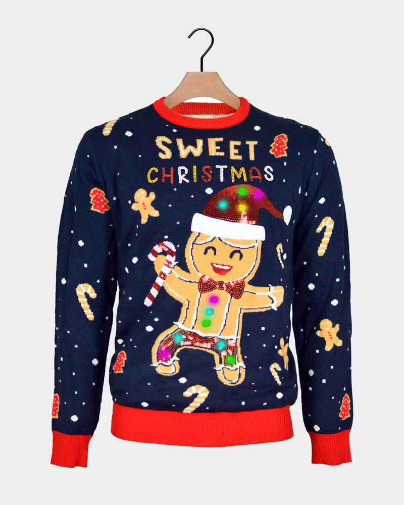 Maglione Natalizio Cookie con Luci LED Uomo Blu Ginger