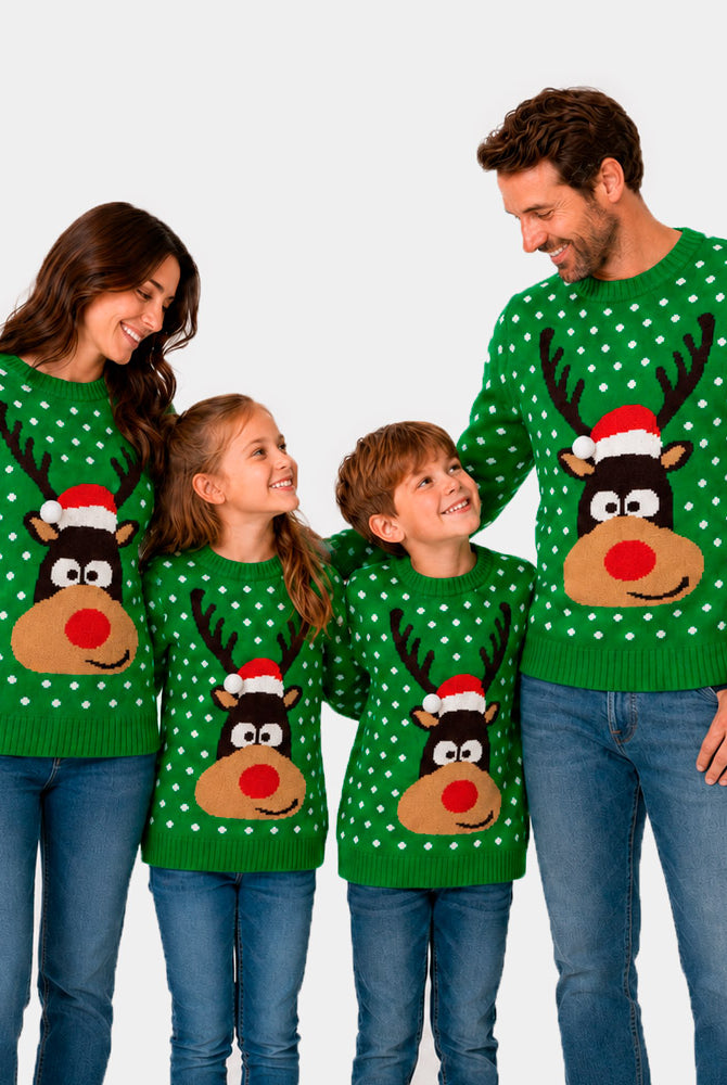Maglione Natalizio Bambini Verde Renna Cappello 3D Donna e Uomo