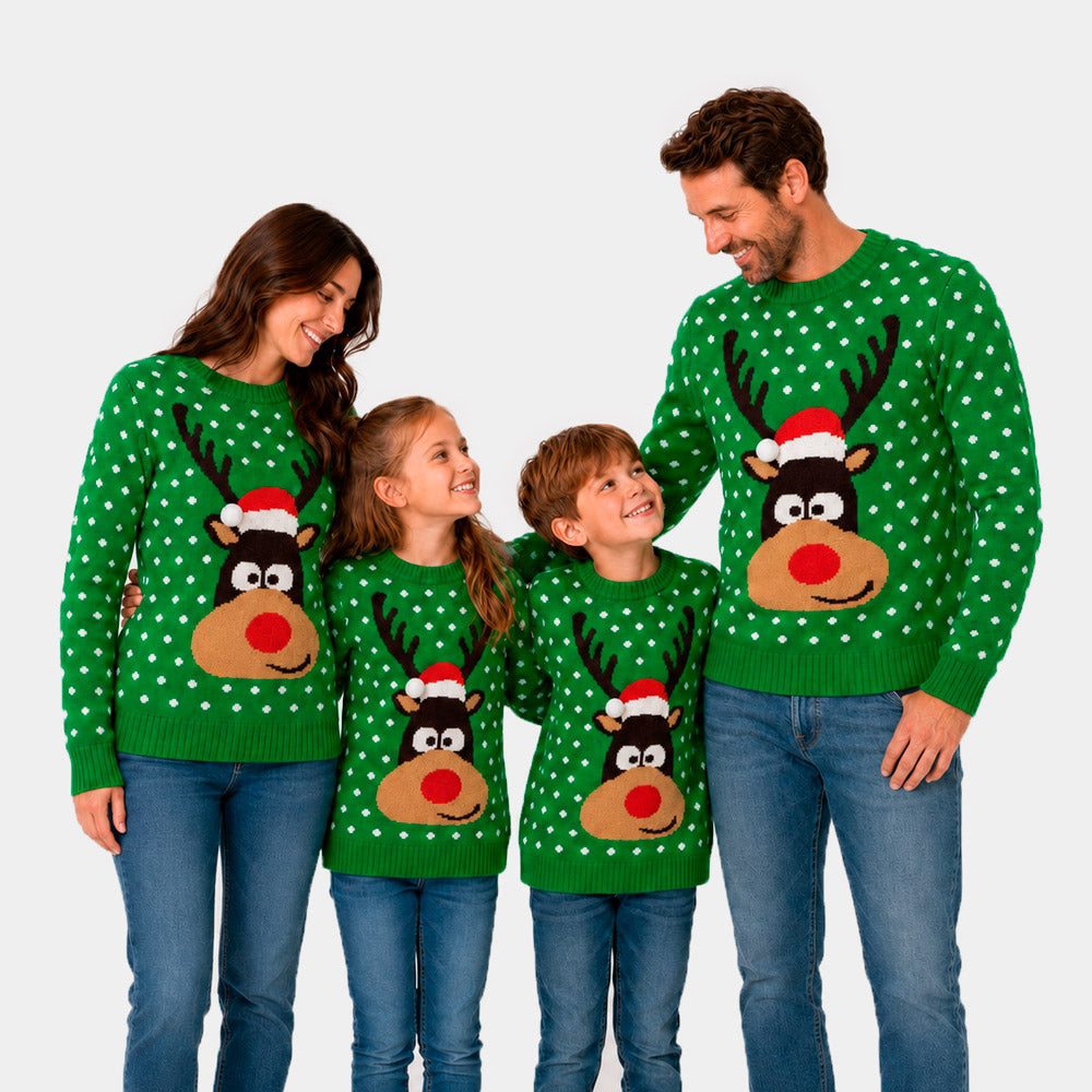 Maglione Natalizio Bambini Verde Renna Cappello 3D Donna e Uomo