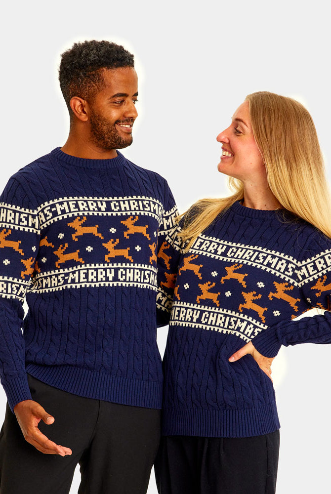 Maglione Natalizio Uomo e Donna Cotone Biologico Elegante Blu con Renne