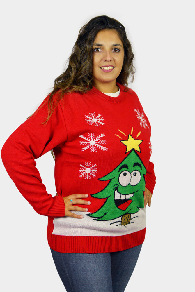 Maglione Natalizio Donna Albero Natalizio Sorridente Rosso