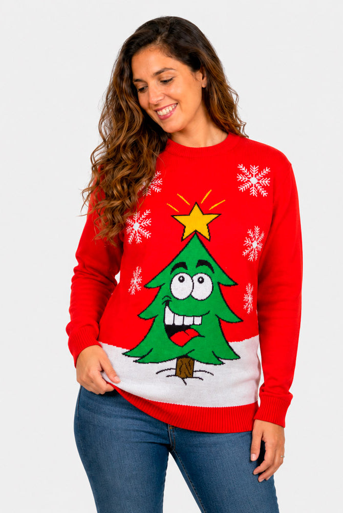 Maglione Natalizio Donna Albero Natalizio Sorridente Rosso