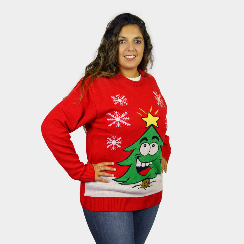 Maglione Natalizio Donna Albero Natalizio Sorridente Rosso