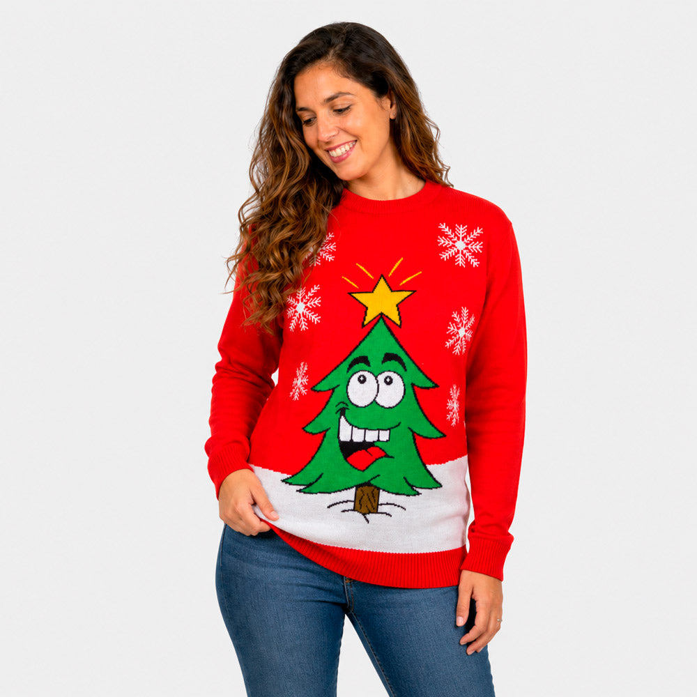 Maglione Natalizio Donna Albero Natalizio Sorridente Rosso