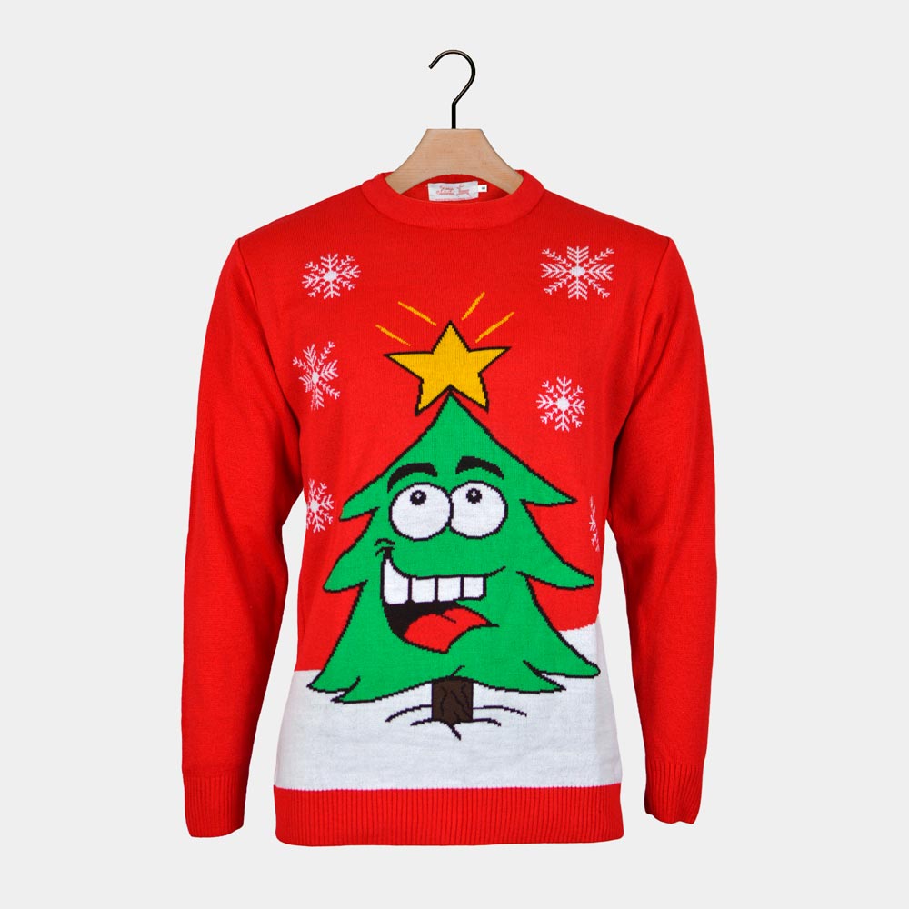 Maglione Natalizio Albero Natalizio Sorridente Rosso