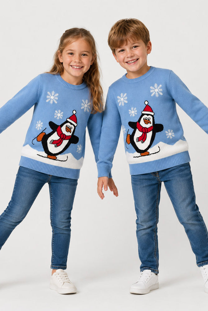 Maglione Natalizio Azzurro con Pinguino Bambini