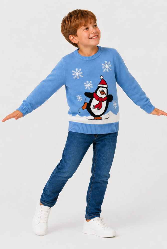 Maglione Natalizio Azzurro con Pinguino Bambino