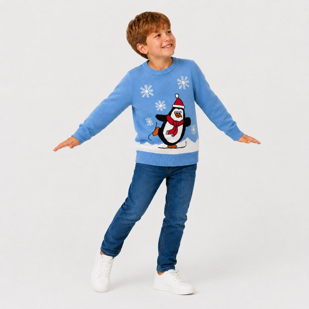 Maglione Natalizio Azzurro con Pinguino Bambino