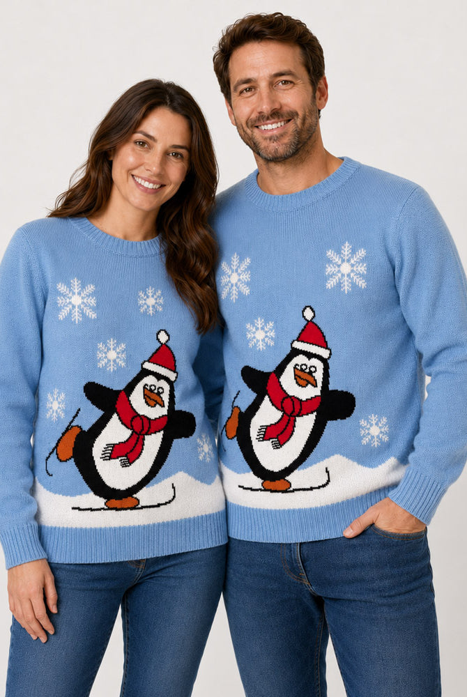 Maglione Natalizio Azzurro con Pinguino Coppia