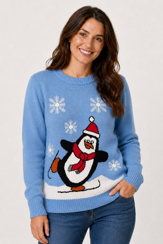 Maglione Natalizio Azzurro con Pinguino Donna
