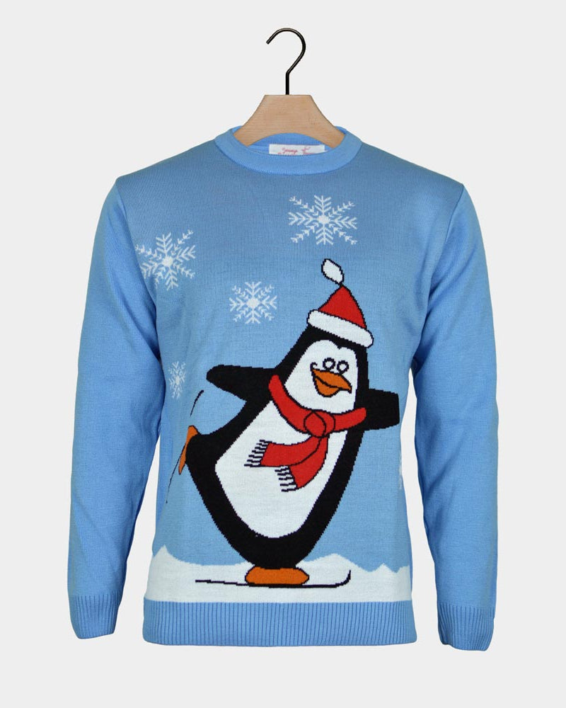 Maglione Natalizio Azzurro con Pinguino per la famiglia