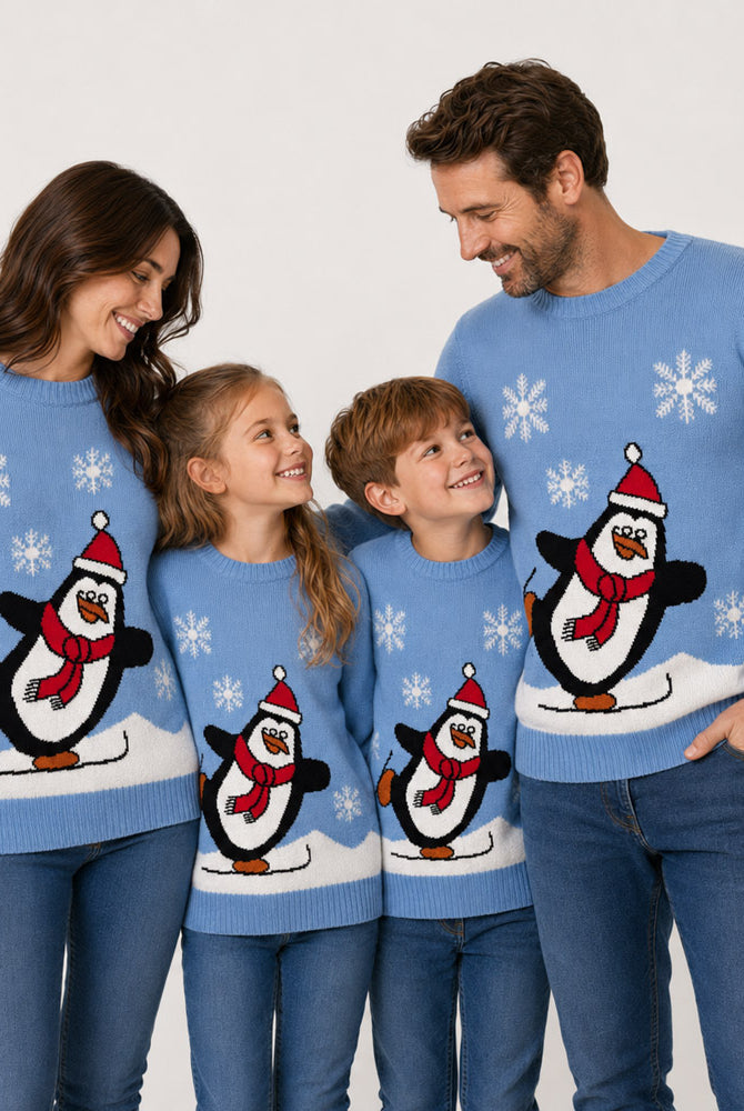 Maglione Natalizio Azzurro con Pinguino Famiglia
