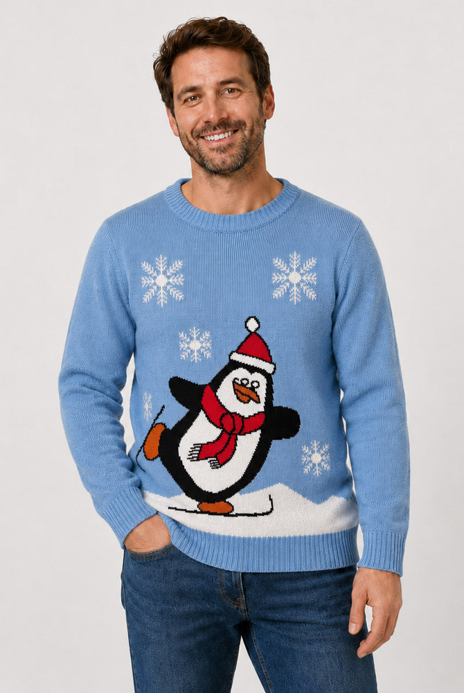 Maglione Natalizio Azzurro con Pinguino Uomo