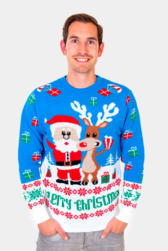 Maglione Natalizio Azzurro con Renna e Babbo Natale da Uomo
