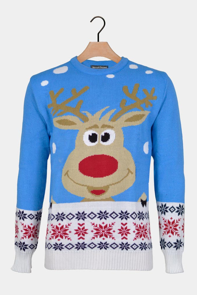 Maglione Natalizio da Uomo Azzurro con Renna Neve