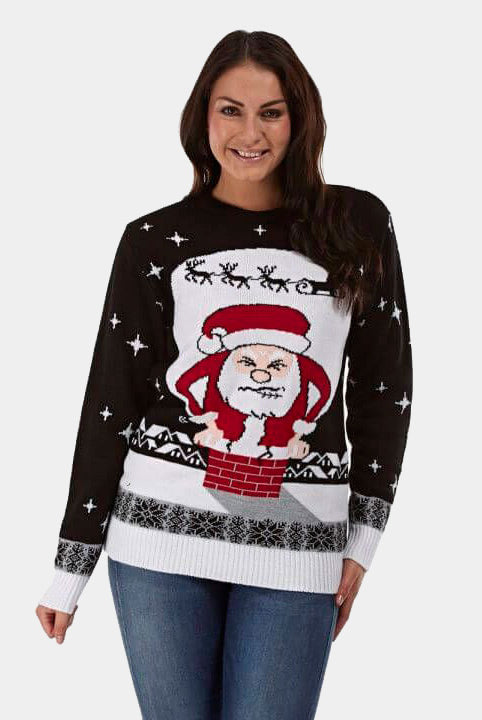 Maglione Natalizio Donna Babbo Natale Bloccato nel Camino