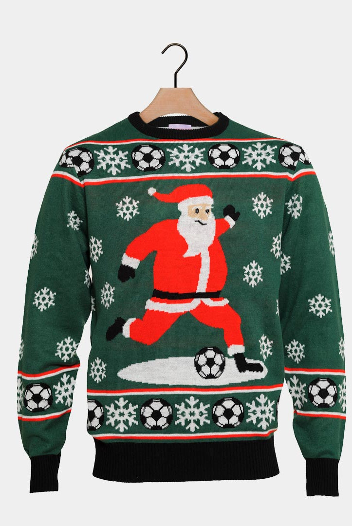 Maglione Natalizio Verde Babbo Natale che Gioca a Calcio