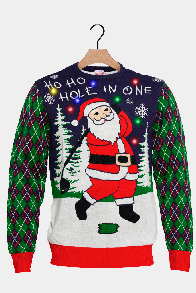 Maglione Natalizio Babbo Natale che Gioca a Golf con Luci LED