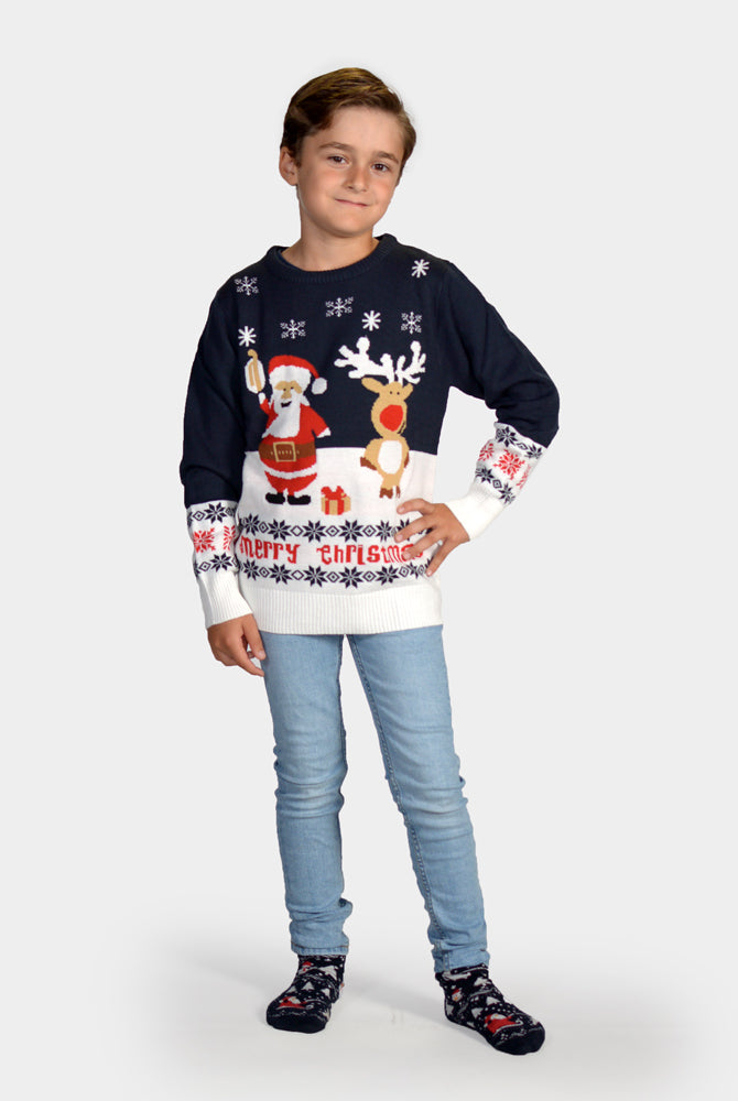 Maglione Natalizio Bambini Blu Babbo Natale e Renna Rudolph