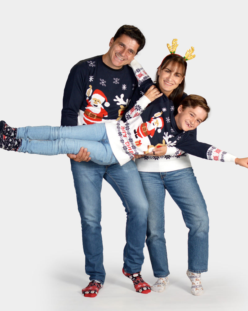 Maglione Natalizio Famiglia Blu Babbo Natale e Renna Rudolph