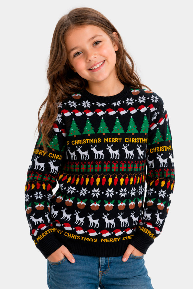 Maglione Natalizio per Bambina Nero con Alberi, Renne e Regali