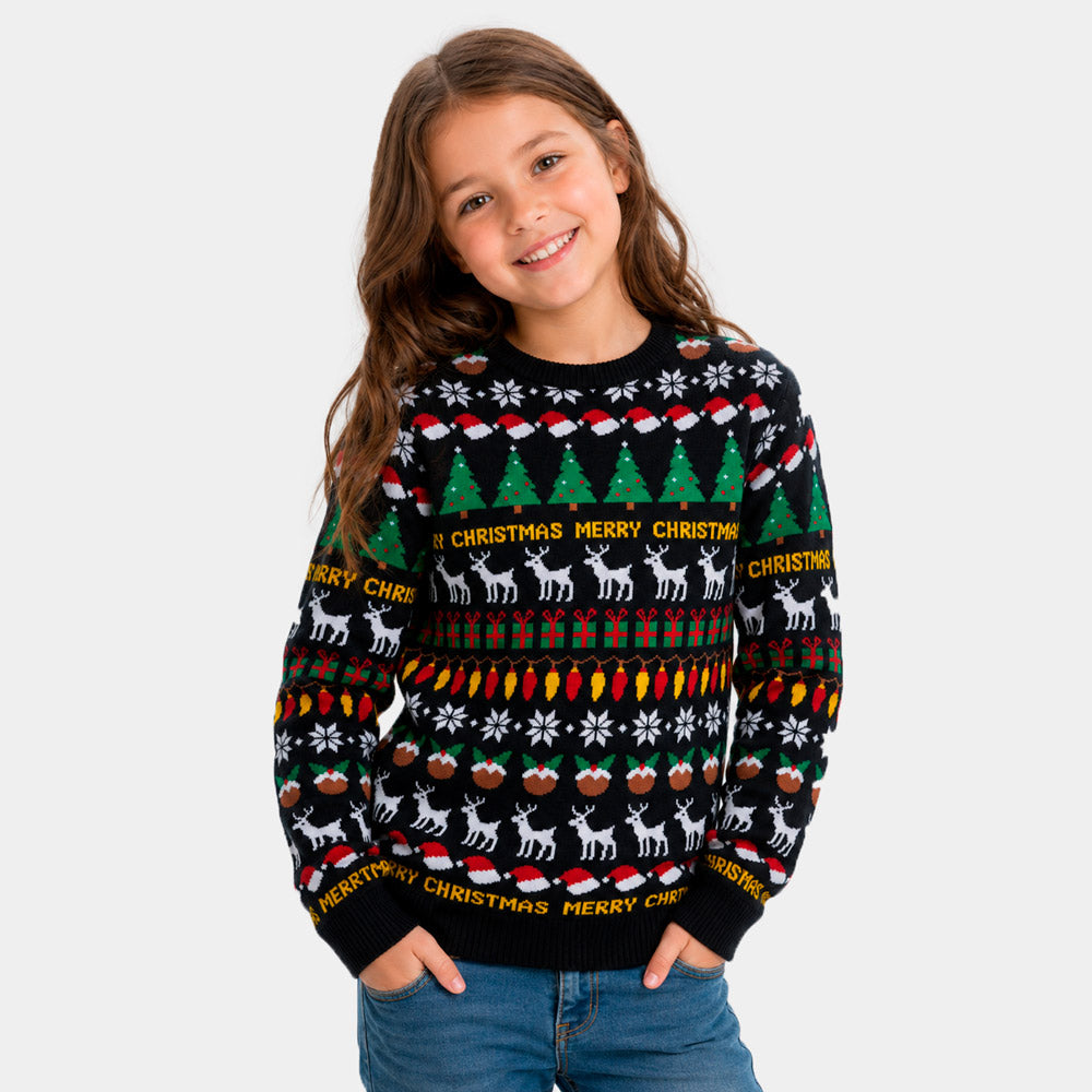 Maglione Natalizio per Bambina Nero con Alberi, Renne e Regali