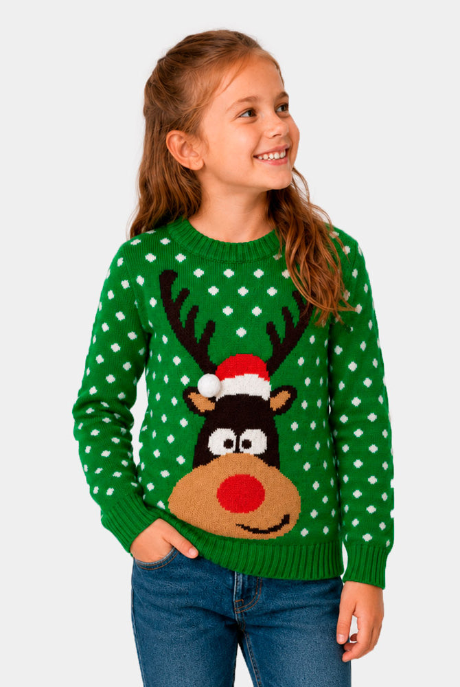 Maglione Natalizio Bambina Verde Renna con Cappello in 3D