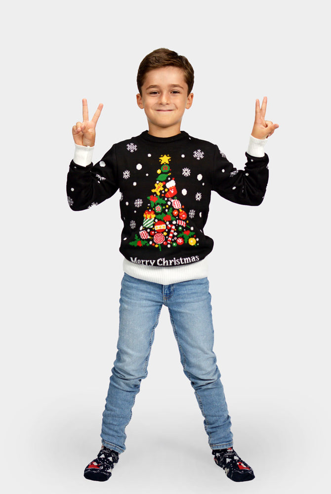 Maglione Natalizio Bambini Nero Albero Natalizio
