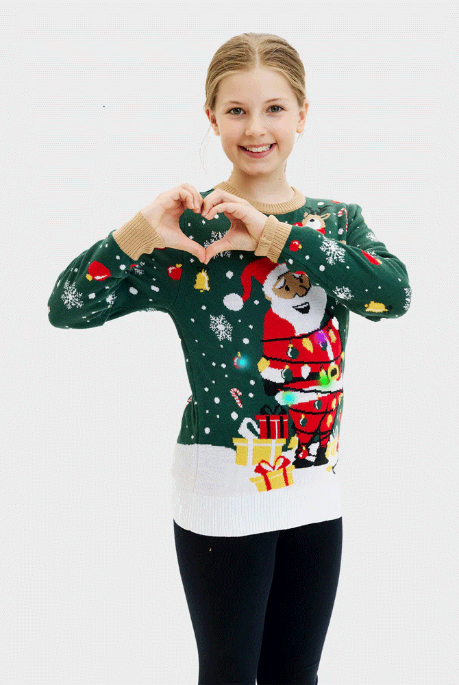 Maglione Natalizio Bambini Babbo Natale in Confusione Luci LED