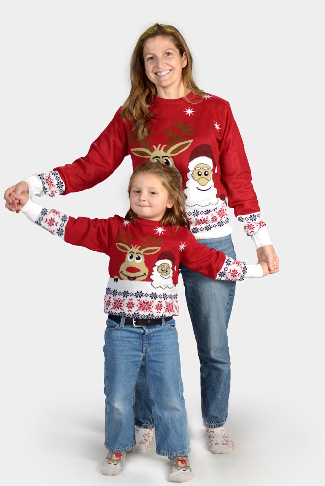 Maglione Natalizio per Bambini Babbo Famiglia Natale e Renna Rudolph Sorridentes