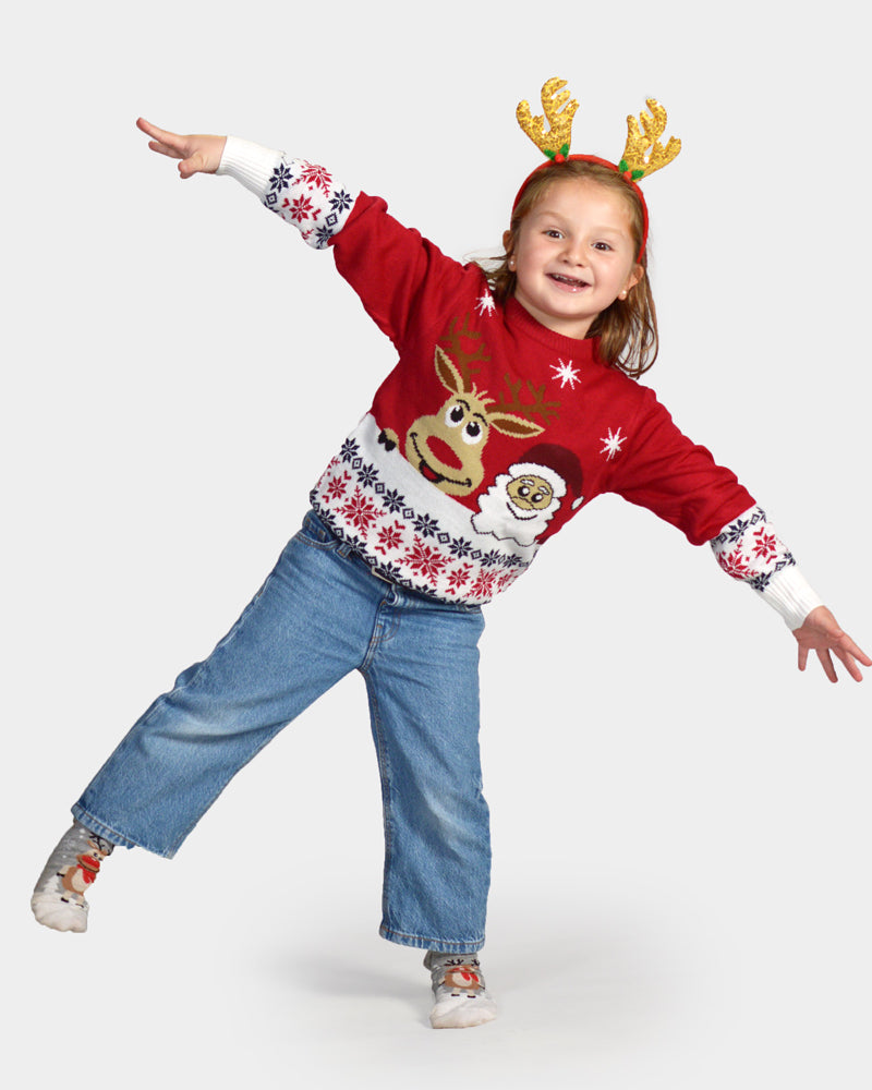 Maglione Natalizio per Bambini Babbo Natale e Renna Rudolph Sorridentes