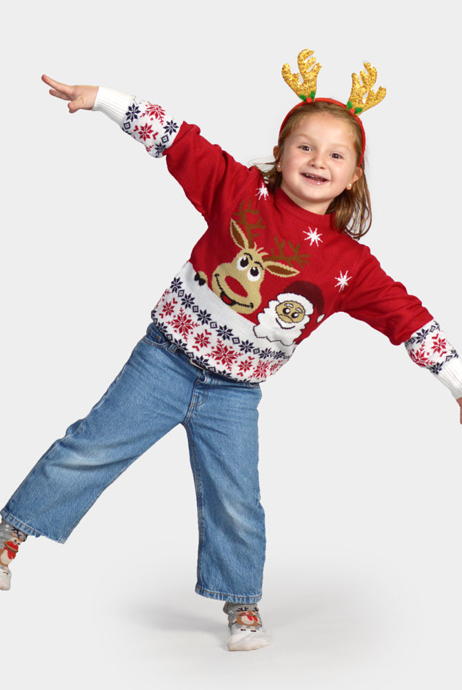 Maglione Natalizio per Bambini Babbo Natale e Renna Rudolph Sorridentes