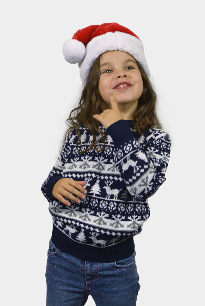 Maglione Natalizio per Bambini Blu Alberi di Natale e Renne